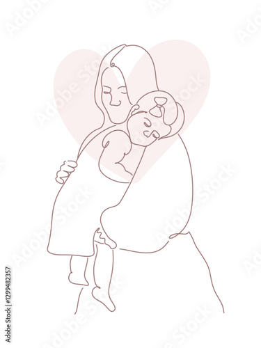 Line art illustration of mother and kid, Happy mother's day vector illustration. mom and daughter.