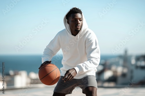 a guy in a white hoodie plays streetball photo