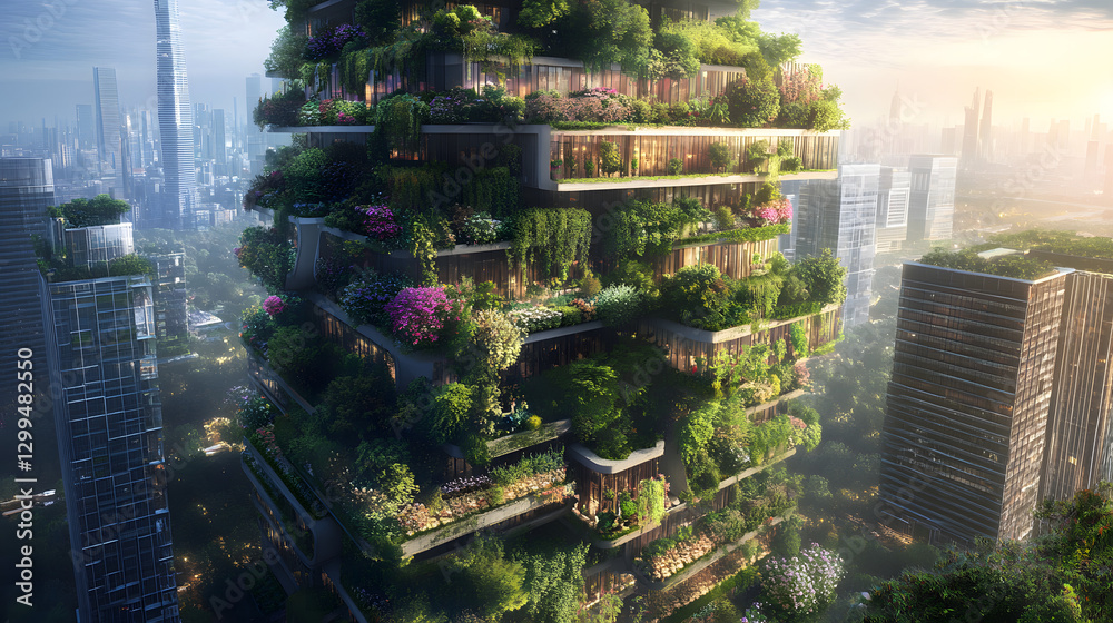 Obraz premium A futuristic city where every building is covered with green rooftops, vertical gardens, and urban farms to promote a sustainable environment and reduce pollution.