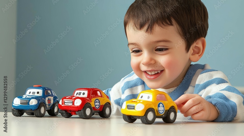 Young boy enjoys playing with colorful toy cars in a light blue studio setting Young boy enjoys playing with colorful toy cars in a light blue studio setting