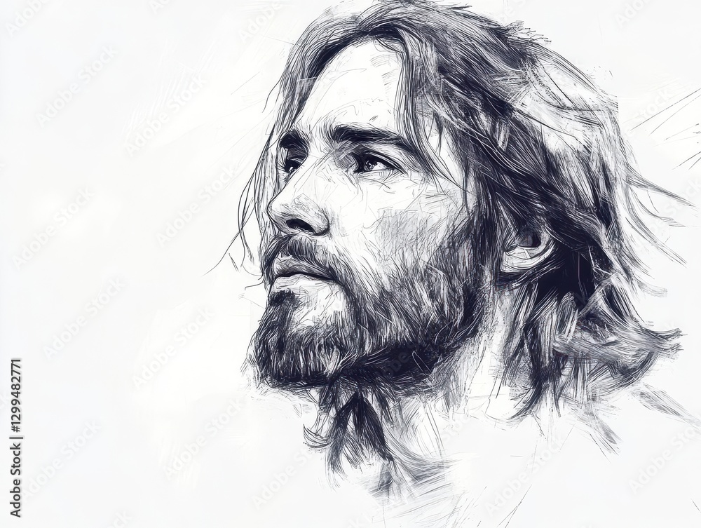 Artistic Sketch Portrait of Jesus Christ on Pristine White Background Offering Ample Copy Space for Inspirational Design Artistic Sketch Portrait of Jesus Christ on Pristine White Background Offering Ample Copy Space for Inspirational Design