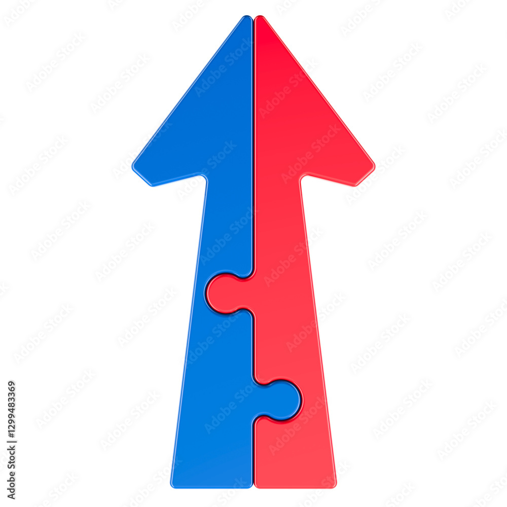 Arrow from two opposite jigsaw puzzle pieces halves. Merging, teamwork, cooperation, communication and partnership concept. 3D rendering isolated on transparent background Arrow from two opposite jigsaw puzzle pieces halves. Merging, teamwork, cooperation, communication and partnership concept. 3D rendering isolated on transparent background