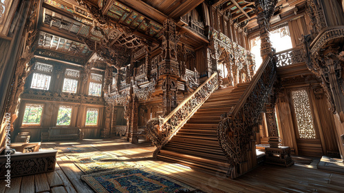 Intricately carved wooden interior of a grand staircase in a sunlit mansion with ornate details