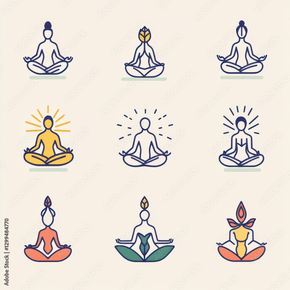Calming Zen Yoga and Meditation Retreat Icons with Minimalist Thin Line Art and Editable Vector Strokes for Modern Wellness Branding Calming Zen Yoga and Meditation Retreat Icons with Minimalist Thin Line Art and Editable Vector Strokes for Modern Wellness Branding