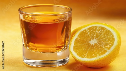 Wallpaper Mural A glass of freshly squeezed orange juice with a slice of lemon on a yellow background. Torontodigital.ca