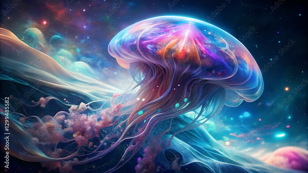 Stunning cosmic jellyfish with vibrant colors floating through a surreal space backdrop Stunning cosmic jellyfish with vibrant colors floating through a surreal space backdrop