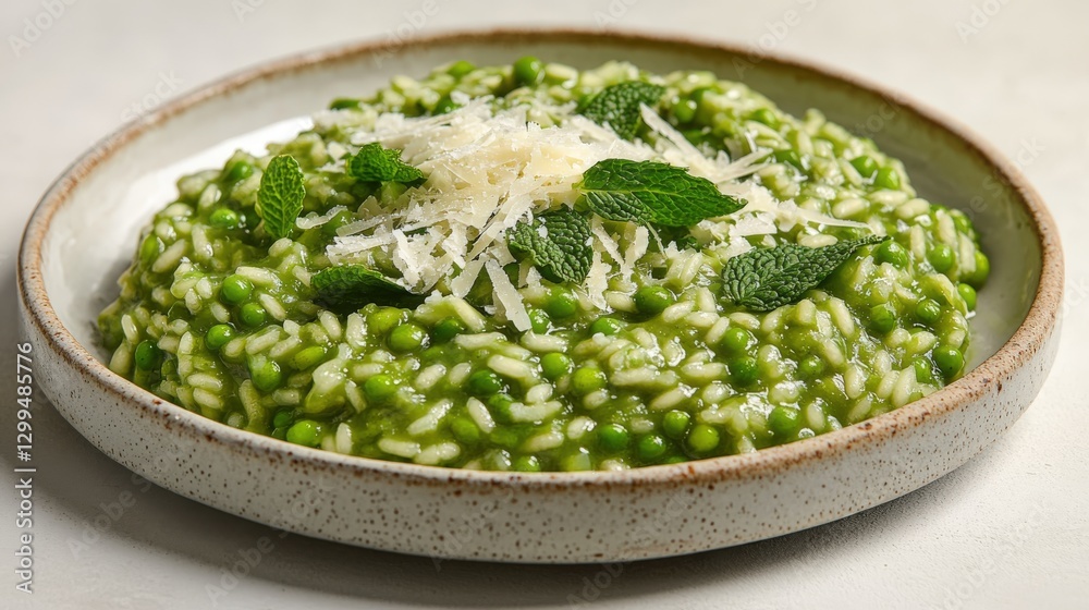 Fresh pea and mint risotto topped with Parmesan cheese for springtime delight Fresh pea and mint risotto topped with Parmesan cheese for springtime delight
