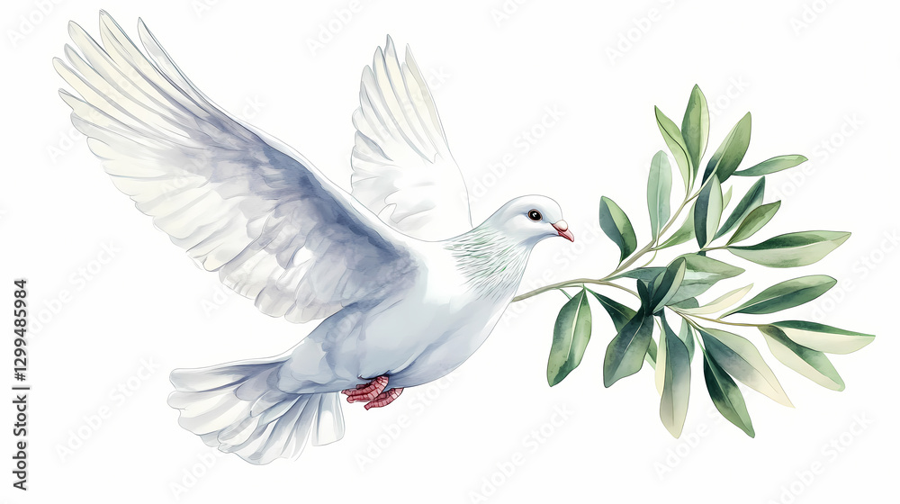 Obraz premium Flying white dove and olive branch watercolor illustration. symbol of peace. white pigeon isolated on white. Peace - River. Illustration