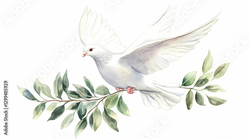 Flying white dove and olive branch watercolor illustration. symbol of peace. white pigeon isolated on white. Peace - River. Illustration