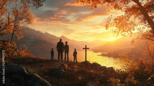Wallpaper Mural Charming Family Worship Nativity Silhouettes Seeking the Cross Amidst an Autumn Sunrise, Embracing Hope and Spiritual Unity in a Serene Landscape Torontodigital.ca