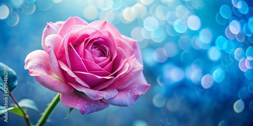 Delicate Pink Garden Rose Close-Up with Blue Bokeh Background - Stock Photo