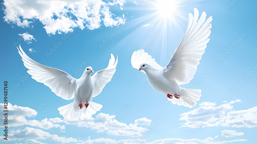 Fototapeta premium Two white doves flying in a blue sky with white clouds. Peace - River. Illustration