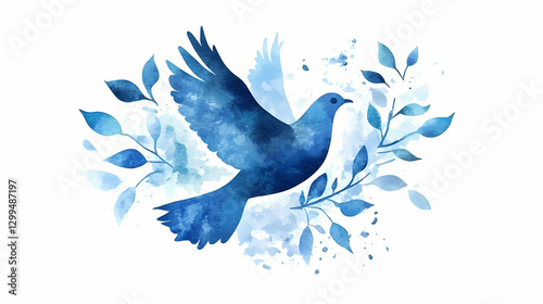 Watercolor blue dove silhouette and leaves. international peace day. Peace - River. Illustration