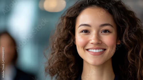 Smiling Woman with Curly Hair in an Office Setting