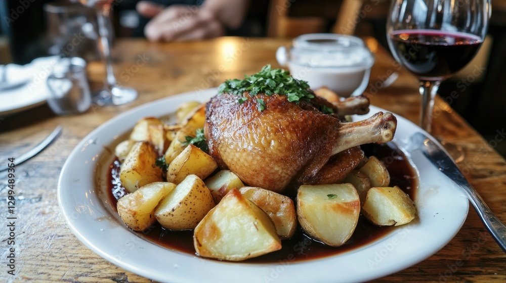 Crispy duck confit with roasted potatoes and a red wine reduction. Crispy duck confit with roasted potatoes and a red wine reduction.