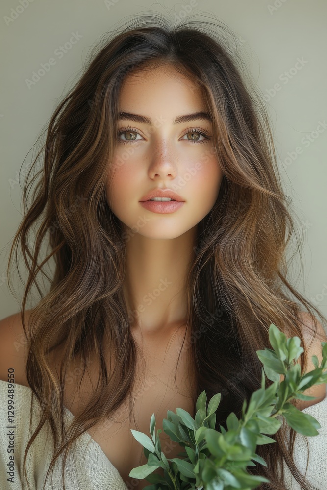 Soft-focus portrait of a young woman with long brown hair holding a green plant Soft-focus portrait of a young woman with long brown hair holding a green plant