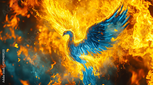 Fototapeta Naklejka Na Ścianę i Meble -  A mystical creature enveloped in vibrant flames, rising with power. The bird is a symbol of rebirth, phoenix in the sky.