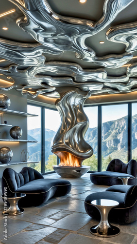 a luxurious sitting room with fluid, metallic silver panels flowing across the ceiling in a continuous wave pattern. Organic-shaped sofas in dark charcoal velvet appear to emerge from the floor