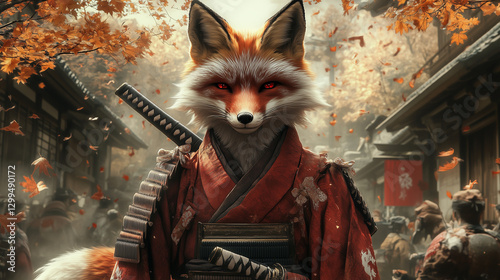 Anthropomorphic fox in samurai armor, autumn setting.