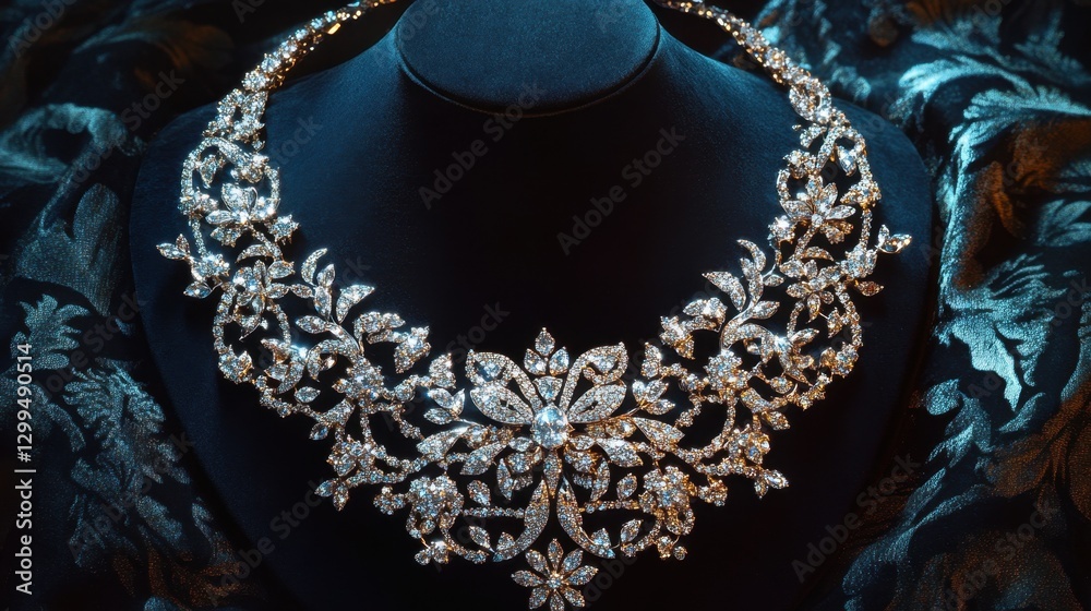 Obraz premium A dramatic shot of a sparkling diamond necklace beautifully laid out on a black background