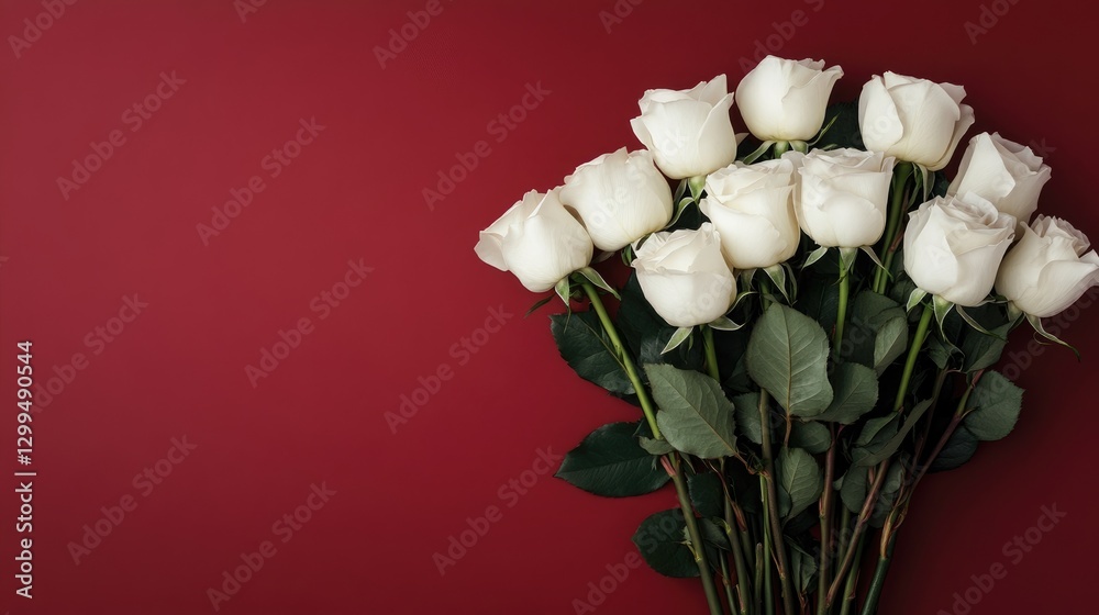 Obraz premium Elegant bouquet of long-stem roses on a dramatic dark red background.