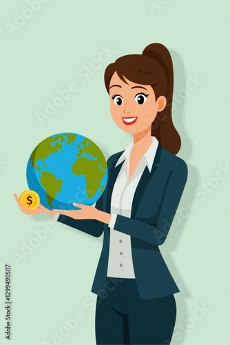 Businesswoman Holding Globe and Coin, Promoting Sustainable Practices to Mitigate Climate Change