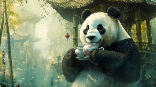 A panda holding a teacup in an oriental garden.