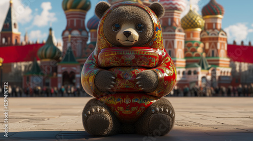 A bear with Russian doll patterns in a city square.