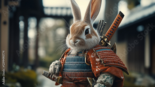 A rabbit dressed in traditional samurai armor.
