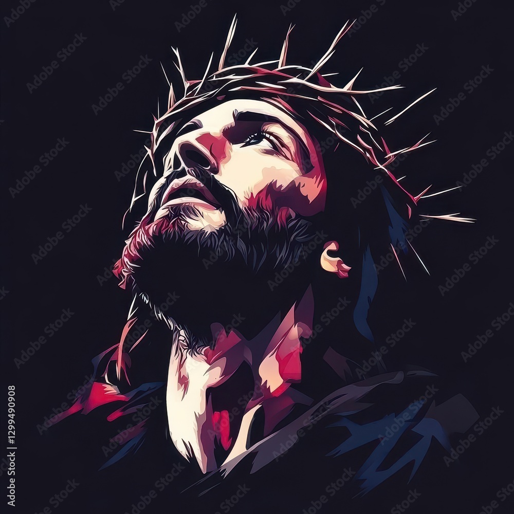 Fototapeta premium Dramatic Image of Jesus Christ Wearing a Crown of Thorns Emblematic of Sacrifice and Divine Love Ideal for Inspirational Religious Art and Apparel