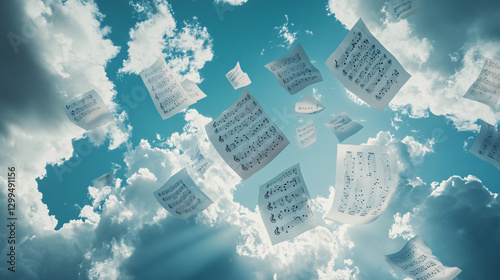 Sheets of music float against a sky backdrop. Musical notations are visible on the flying pages. Dreamlike scene with paper and cloud elements