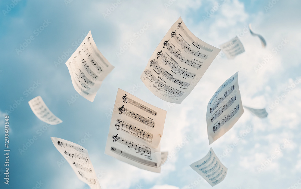 Naklejka premium Sheets of music float against a sky backdrop. Musical notations are visible on the flying pages. Dreamlike scene with paper and cloud elements