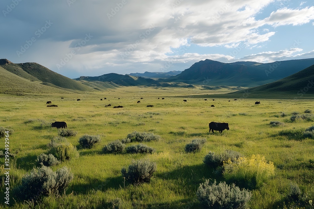 Obraz premium Majestic mountain landscape with grazing cattle in a vast serene meadow under a dramatic sky
