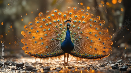 Majestic peacock displays plumage in forest stream