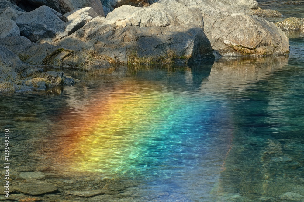 Fototapeta premium A vibrant rainbow reflected in crystal-clear water, nestled among serene rocks.