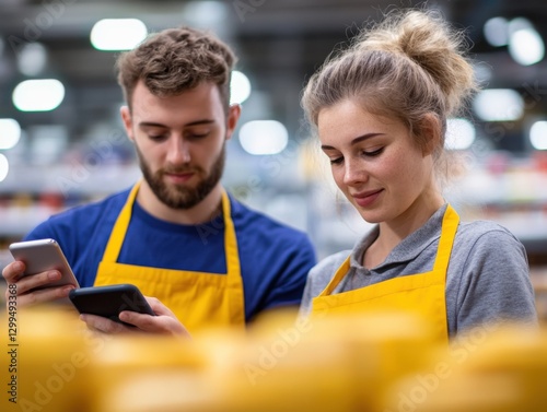 Two Workers Using Smartphones in a Store