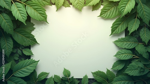 Nature background, abstract white frame in the leaves with copy space, green leaf banner foliage in forest summer, wallpaper pattern of fresh botany natural style