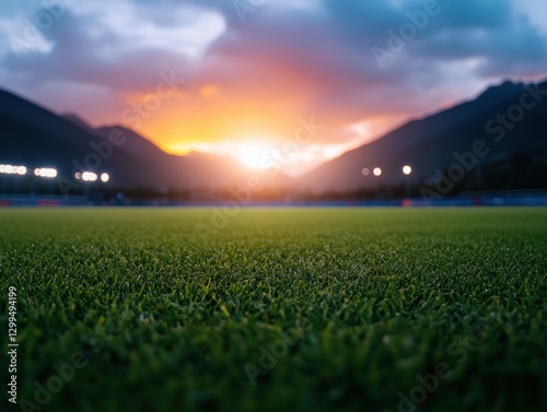 Green grass field with sunset background