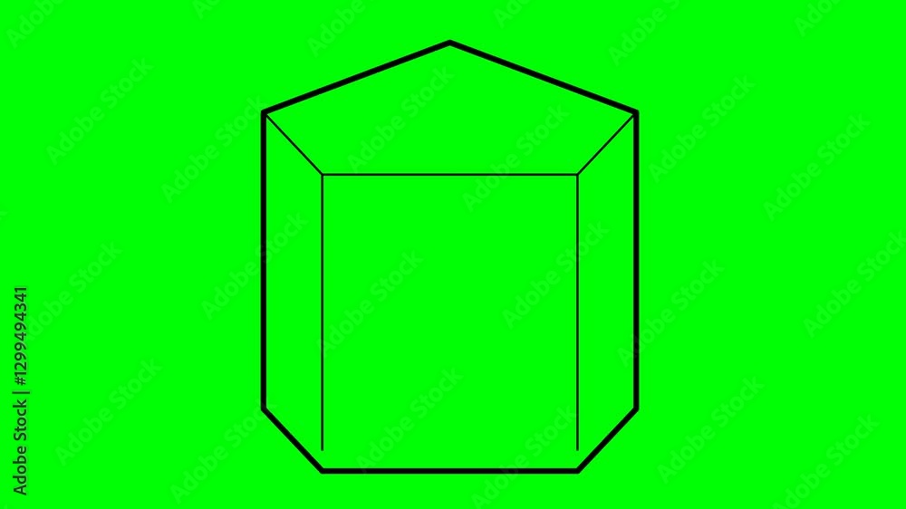 video animation drawing black contours line pentagonal prism geometric shape, on a green chroma key background