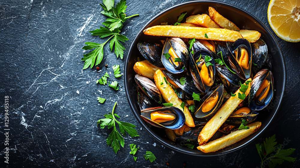 Bowl of mussels and fries presented as a meal. Seafood dish with golden fried potatoes. Food photography showcases culinary preparation