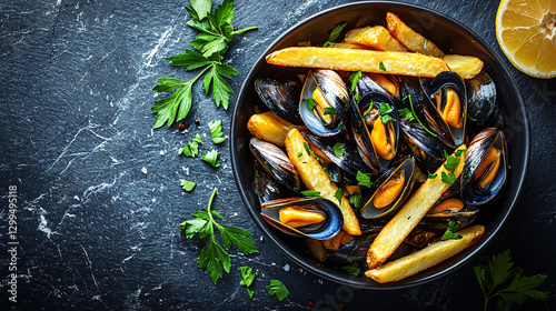 Obraz na płótnie Bowl of mussels and fries presented as a meal. Seafood dish with golden fried potatoes. Food photography showcases culinary preparation w salonie