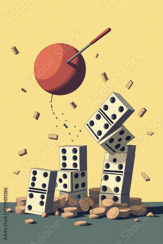 Collapsing Dominoes and Wrecking Ball Illustrating Disastrous Business Crisis and Risk Concept