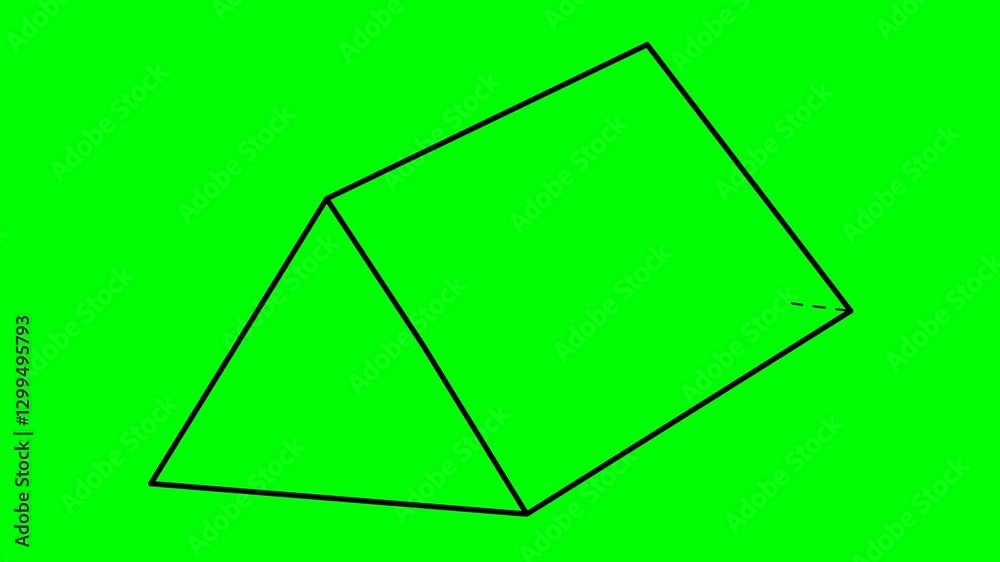 video animation drawing black contours line triangular prism geometric shape, on a green chroma key background