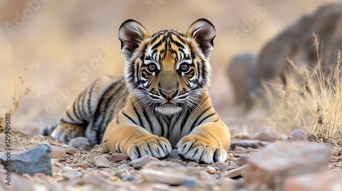 Cute Tiger Cub in Indian Savanna