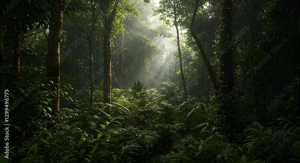 Obraz premium Lush Green Jungle Forest with Sunlight Streaming Through Trees