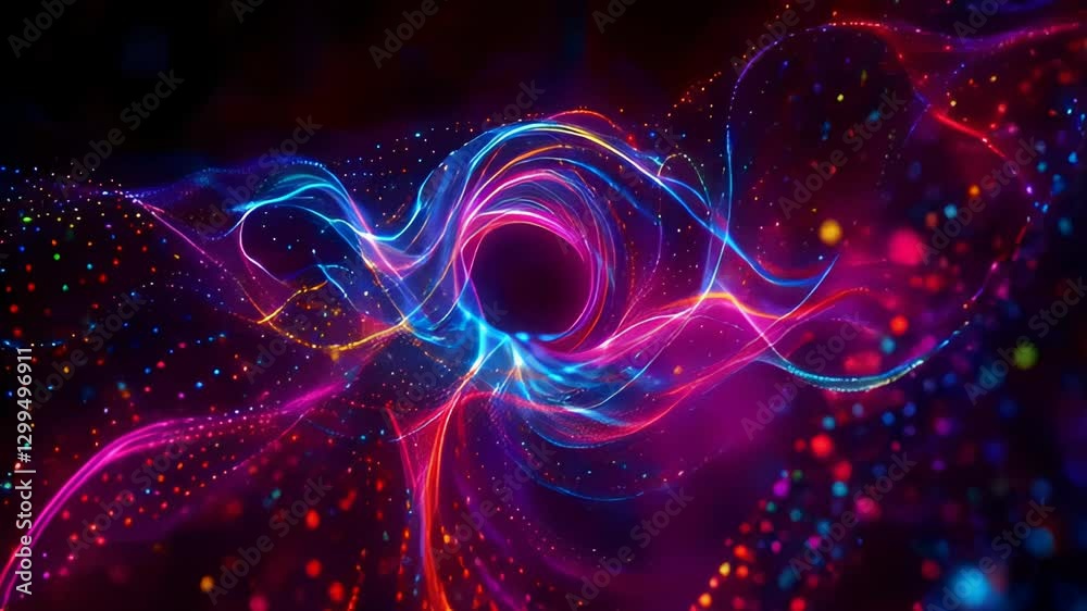 High-resolution video of swirling colorful particles in an abstract futuristic background.