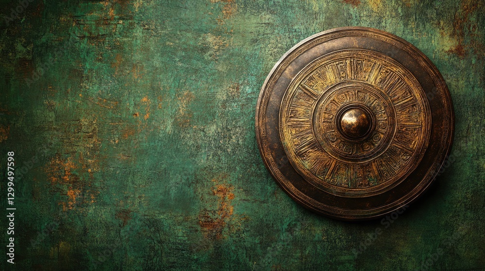 Fototapeta premium Large ancient bronze shield with detailed etchings placed on a green stone wall.