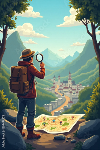 Exploring Unknown Territory: Adventurer Using Magnifying Glass to Locate Destinations on City Map
