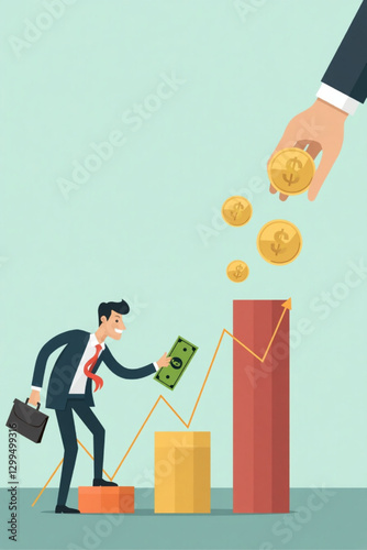 Investor pushing money into rising profit graph, concept of financial investment and income growth