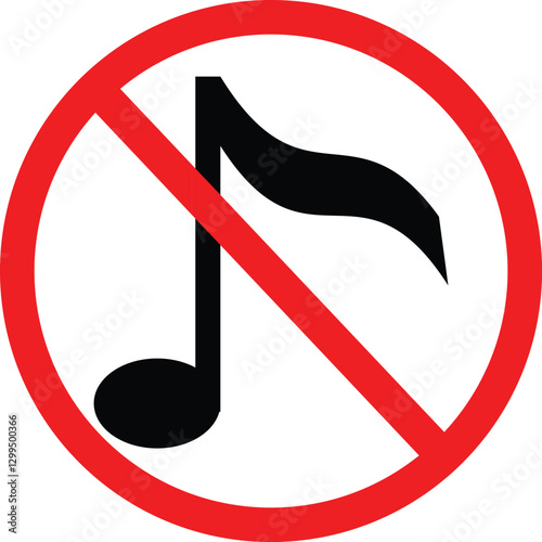 No music icon, red circle, black, isolated on white background. Vector 